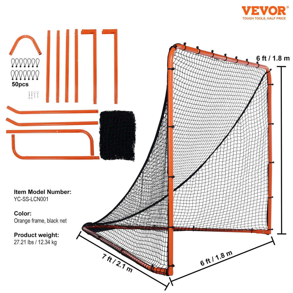 VEVOR Lacrosse Goal, 6' X 6' Lacrosse Net, Folding Portable Backyard Lacrosse Training Equipment, Steel Frame Training Net, Quick & Easy Setup Lacrosse Goal, Perfect for Adult Training, Orange
