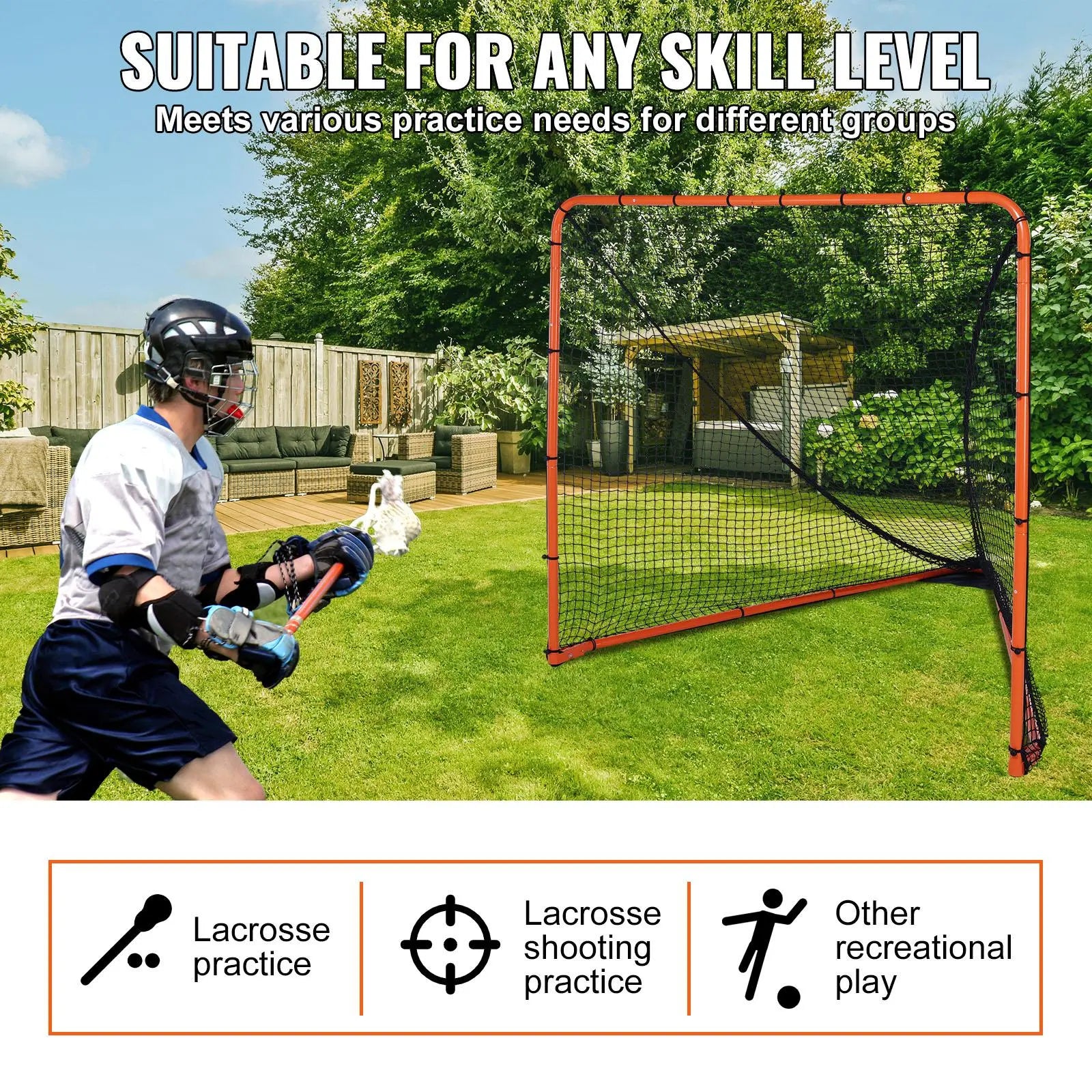 VEVOR Lacrosse Goal, 6' X 6' Lacrosse Net, Folding Portable Backyard Lacrosse Training Equipment, Steel Frame Training Net, Quick & Easy Setup Lacrosse Goal, Perfect for Adult Training, Orange