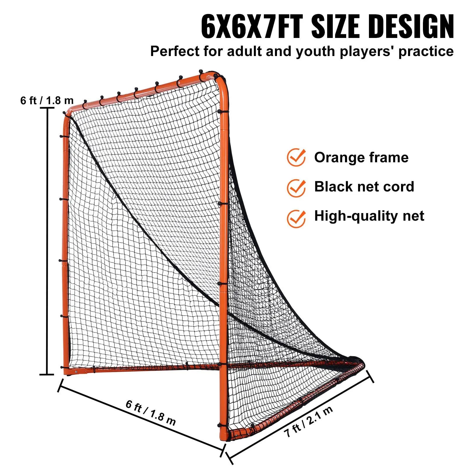 VEVOR Lacrosse Goal, 6' X 6' Lacrosse Net, Folding Portable Backyard Lacrosse Training Equipment, Steel Frame Training Net, Quick & Easy Setup Lacrosse Goal, Perfect for Adult Training, Orange